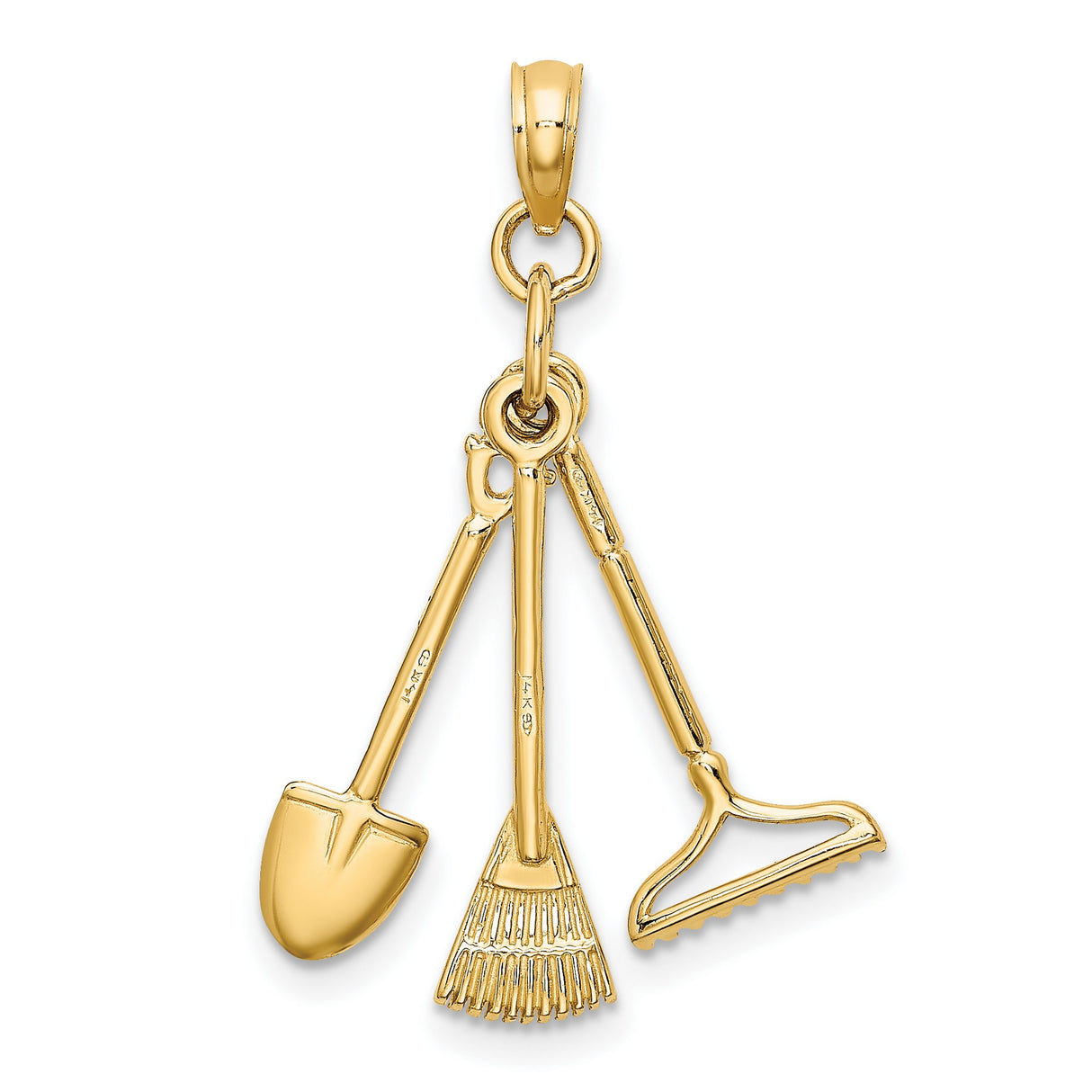 10k Yellow Gold Garden Tool Pendant with Rake, Shovel, and Broom, Nature Inspired Charm