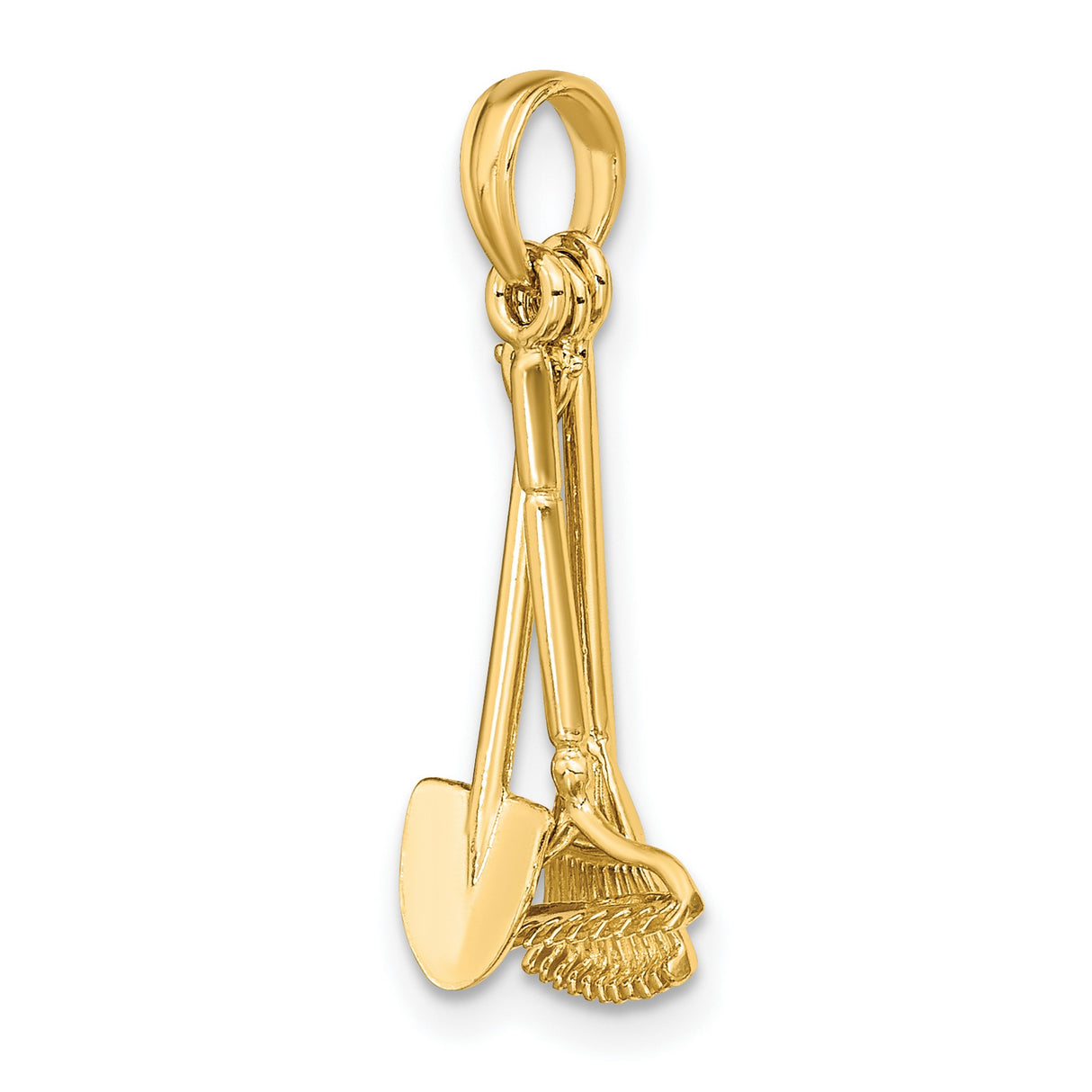 10k Yellow Gold Garden Tool Pendant with Rake, Shovel, and Broom, Nature Inspired Charm
