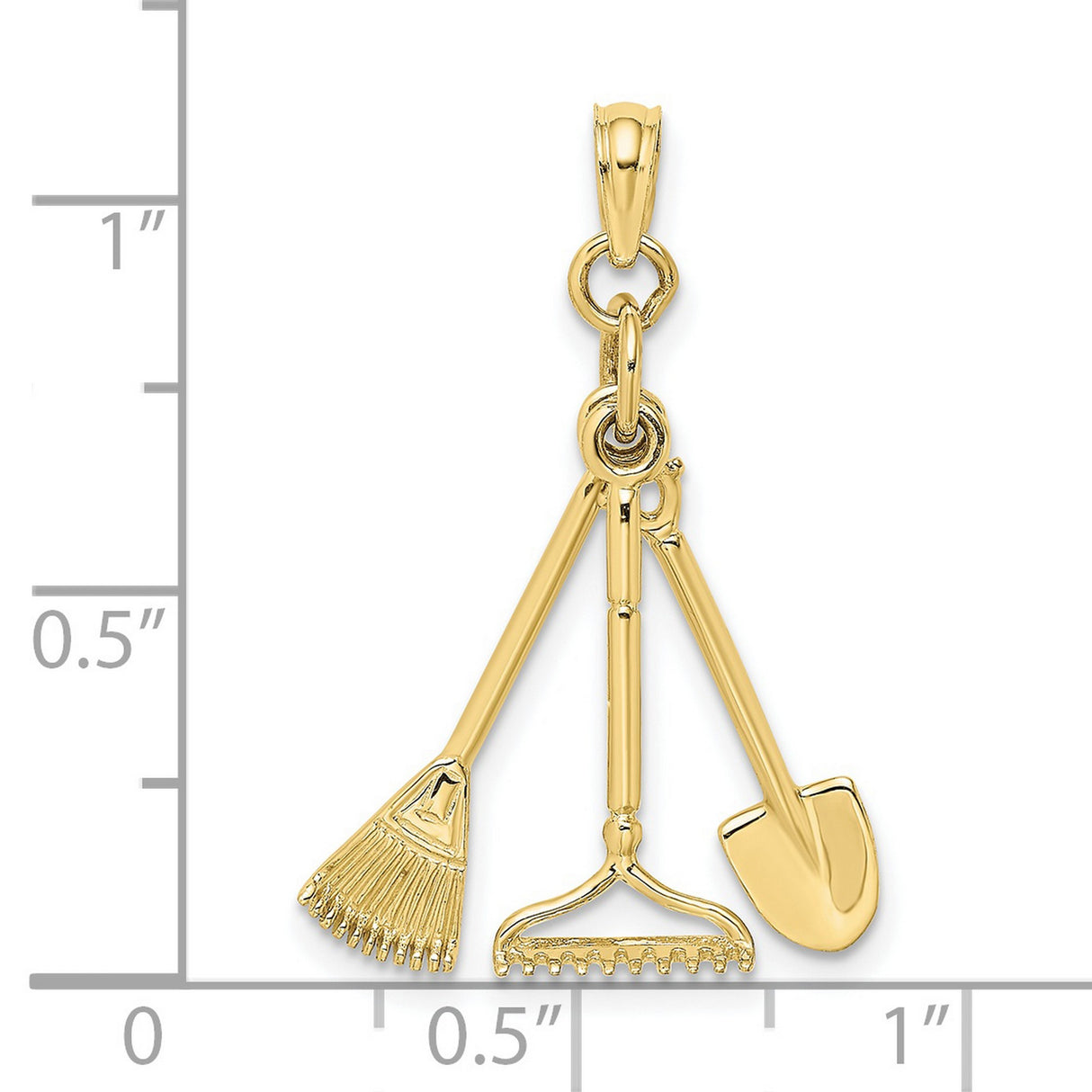 10k Yellow Gold Garden Tool Pendant with Rake, Shovel, and Broom, Nature Inspired Charm