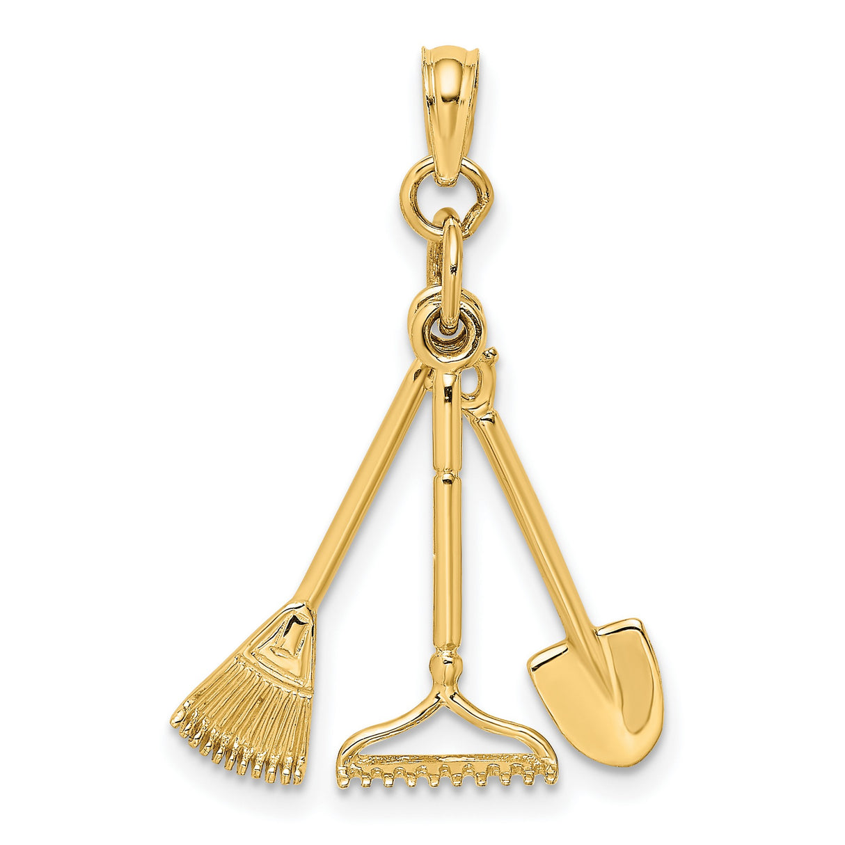 10k Yellow Gold Garden Tool Pendant with Rake, Shovel, and Broom, Nature Inspired Charm
