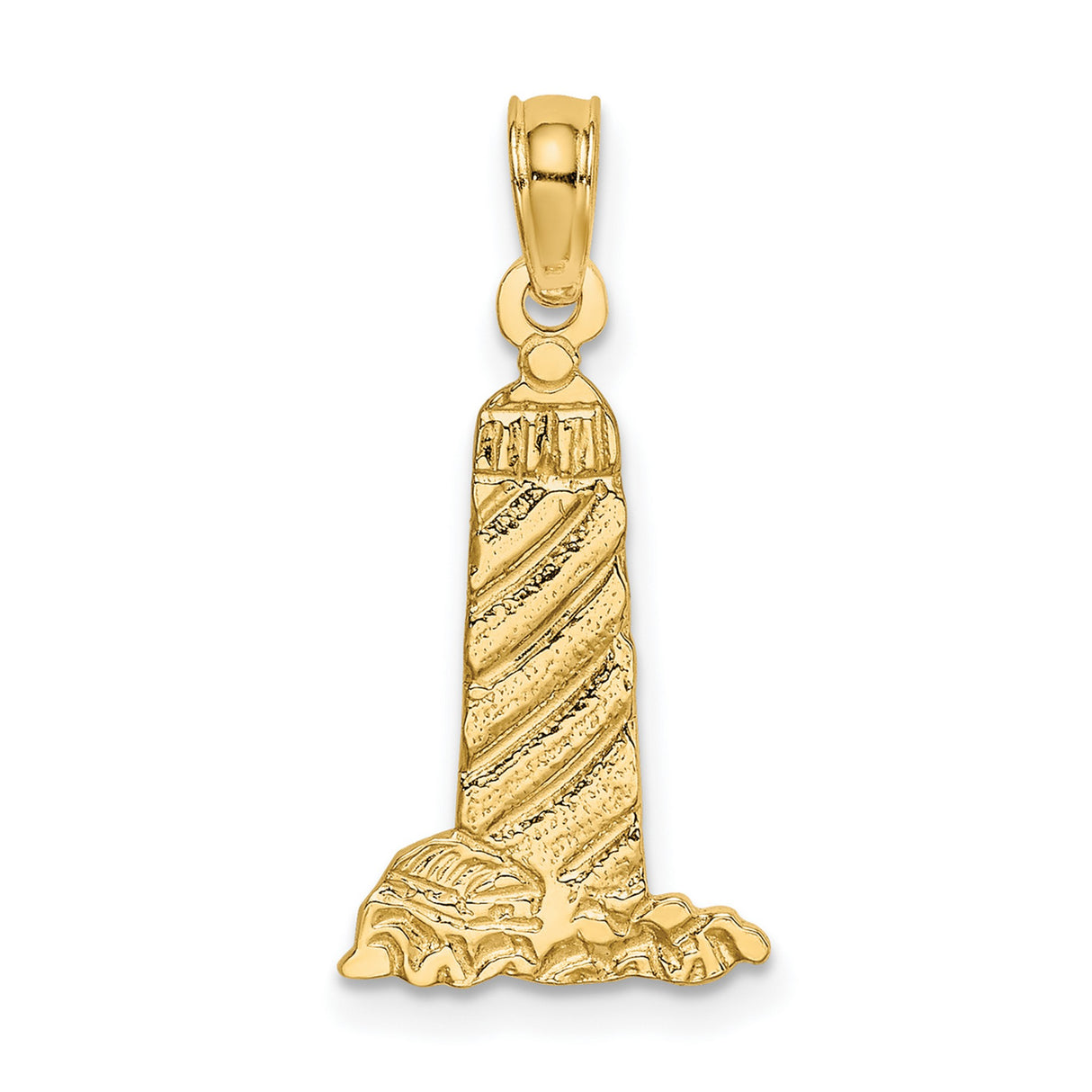 10k Yellow Gold Lighthouse Pendant with Textured Wave Design, Nautical Coastal Theme Charm