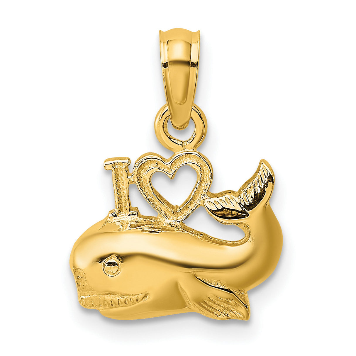 10k Yellow Gold Whale Pendant with Heart Design, Nautical Animal Charm