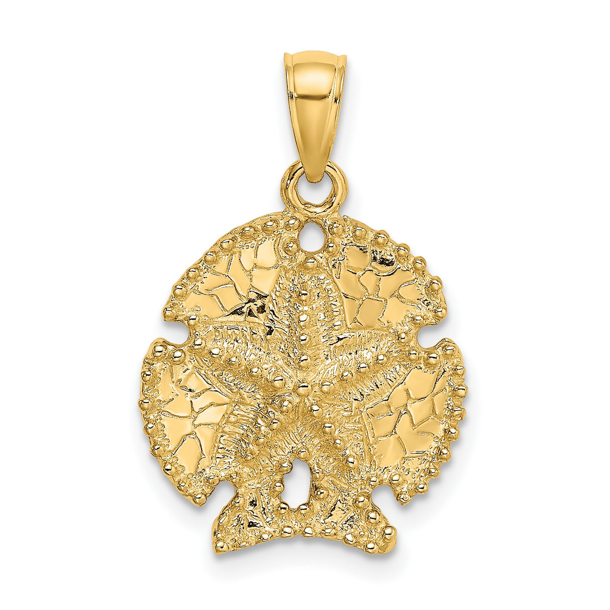 10k Yellow Gold Sand Dollar Pendant with Textured Starfish, Coastal Nautical Jewelry