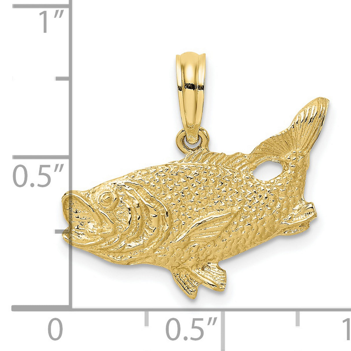 10k Yellow Gold Bass Pendant, Realistic Fish Design with Tail Up, Nature and Fishing Theme