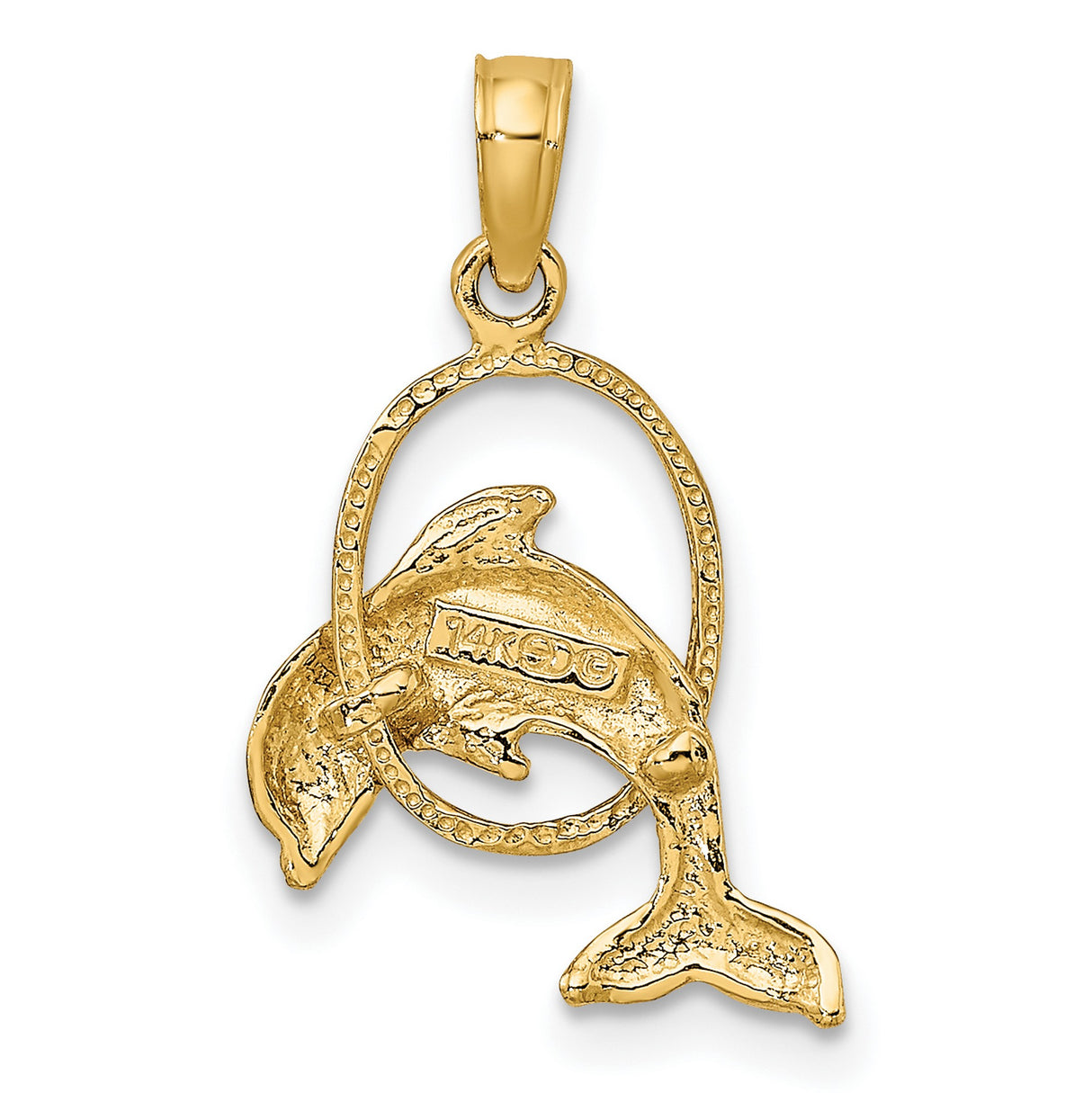 10k Yellow Gold Dolphin Pendant with Jumping Dolphin Through Hoop Design, Nautical Theme Charm