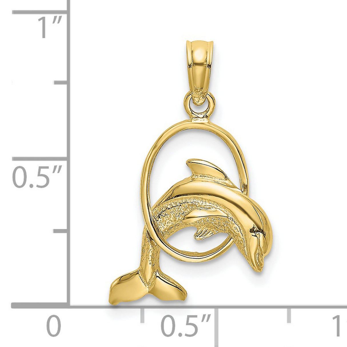 10k Yellow Gold Dolphin Pendant with Jumping Dolphin Through Hoop Design, Nautical Theme Charm