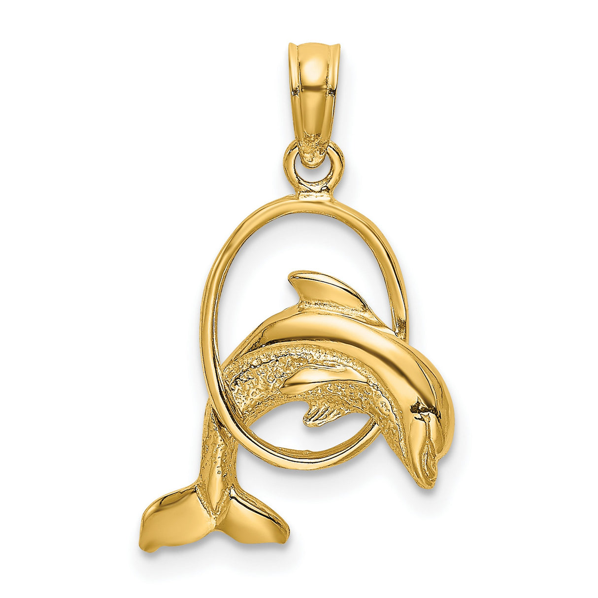 10k Yellow Gold Dolphin Pendant with Jumping Dolphin Through Hoop Design, Nautical Theme Charm