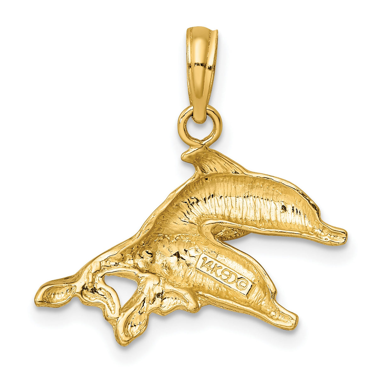 10k Yellow Gold Dolphin Pendant with Jumping Dolphins, Nautical Beach Style Charm