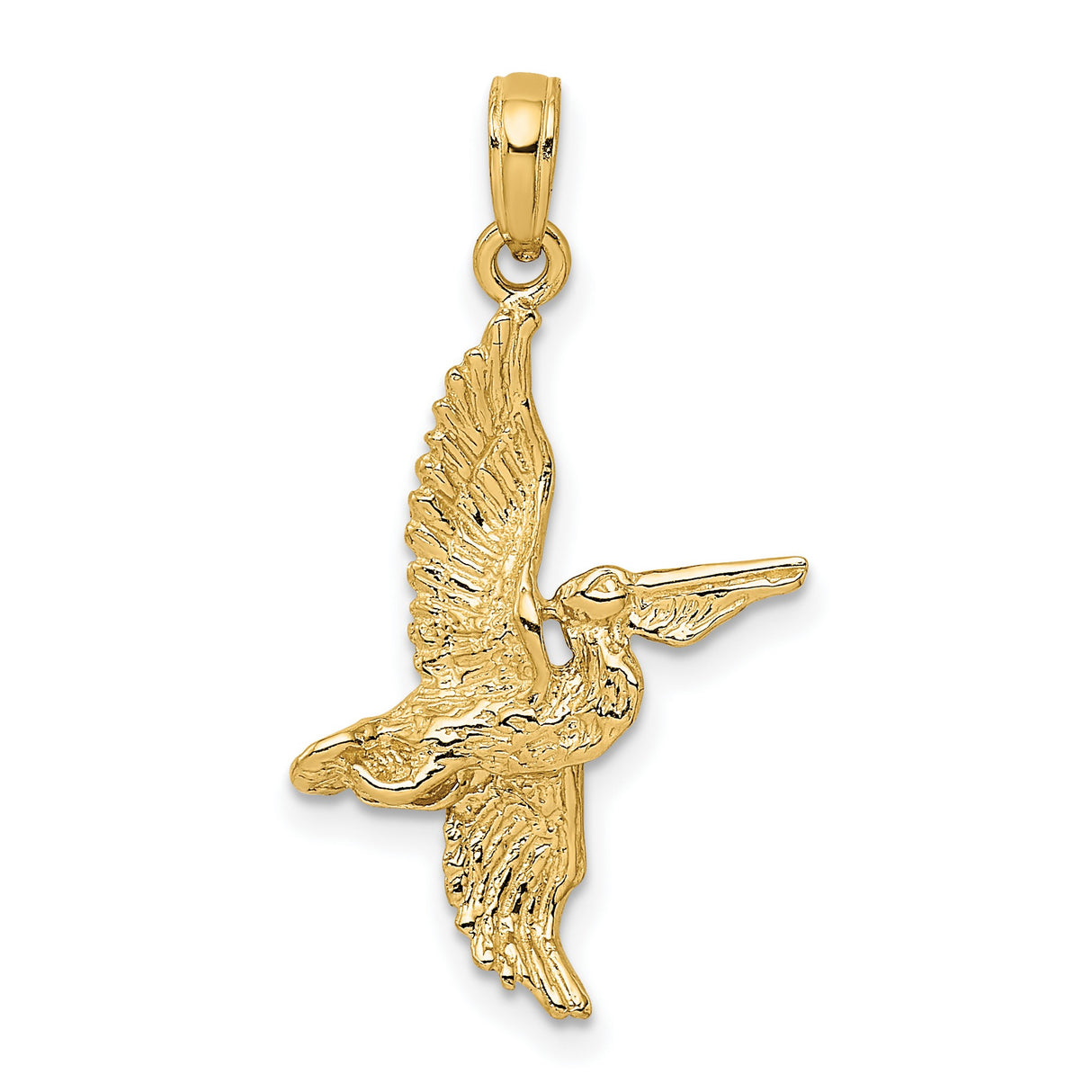 10k Yellow Gold Flying Pelican Pendant, Detailed Bird Design, Nautical Coastal Jewelry