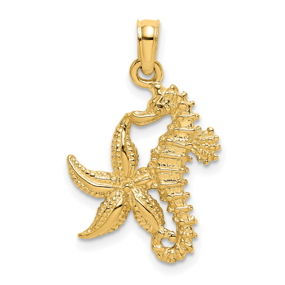 10k Yellow Gold Pendant with Seahorse and Starfish Design, Ocean-Themed Coastal Jewelry