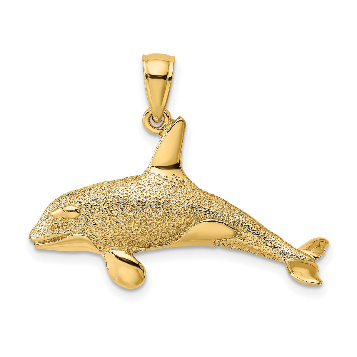 10k Yellow Gold Orca Pendant, Textured Killer Whale Charm with Polished Finish for Women and Unisex Wear