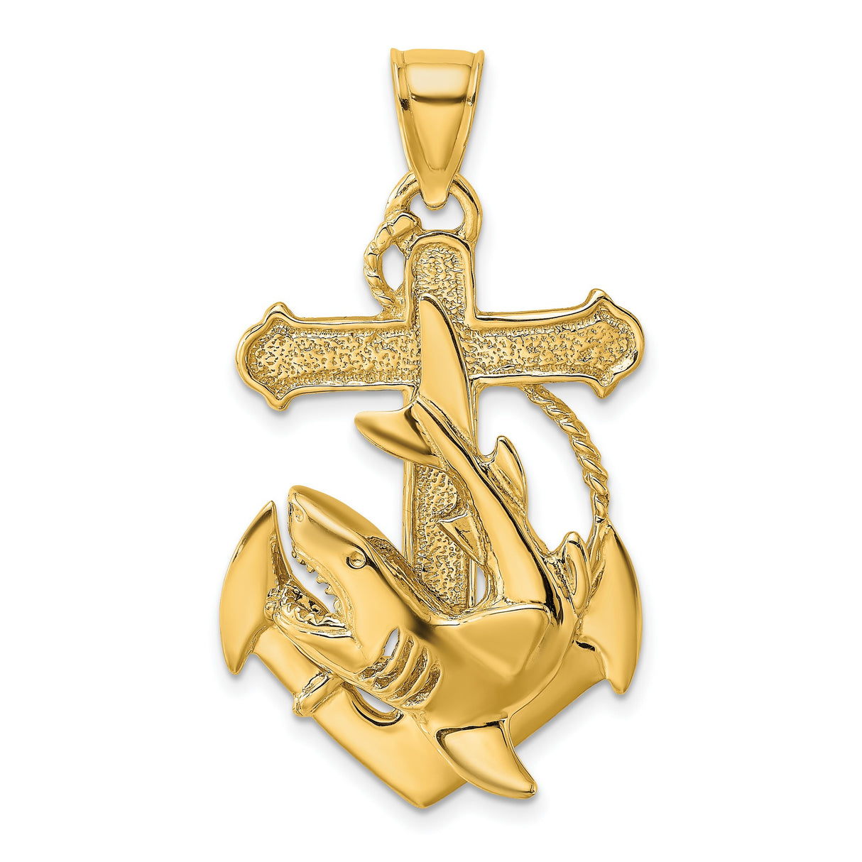 10k Yellow Gold Shark Anchor Pendant with Rope Detail, Nautical Style for Men