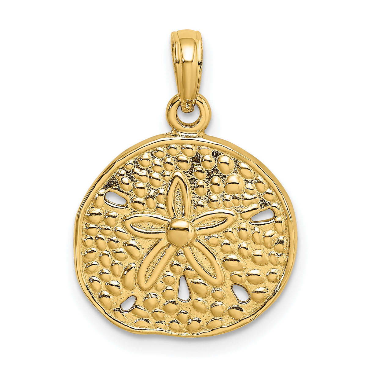 10k Yellow Gold Sand Dollar Pendant with Textured Star Design, Ocean-Inspired Nautical Charm