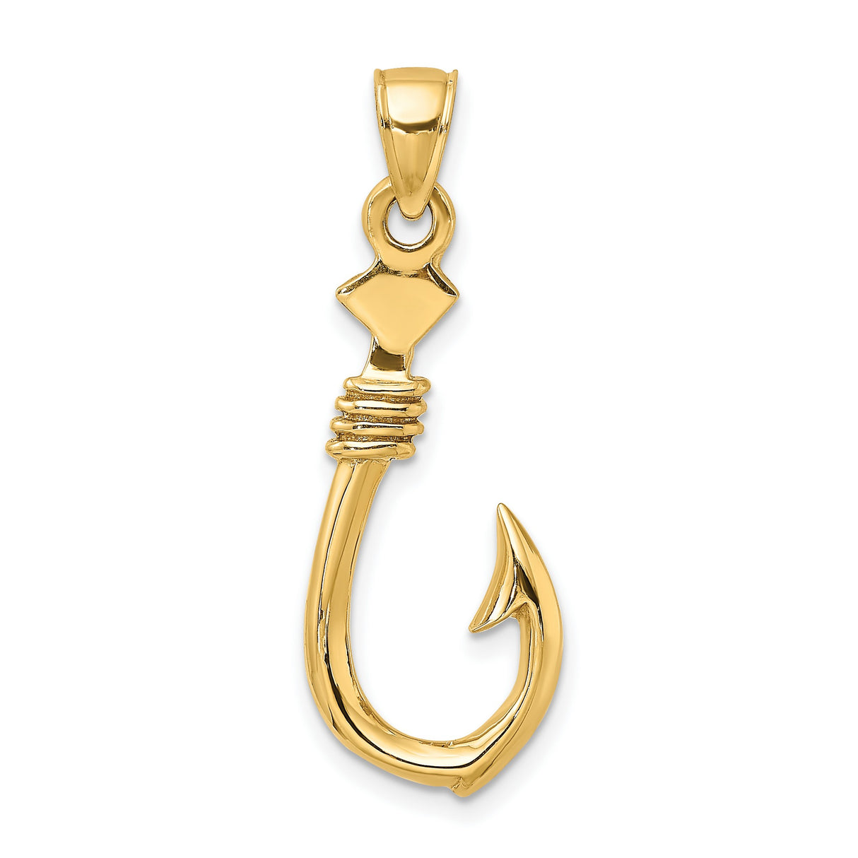 10k Yellow Gold Fish Hook Pendant with Polished Finish and Rope Detail, Nautical Style