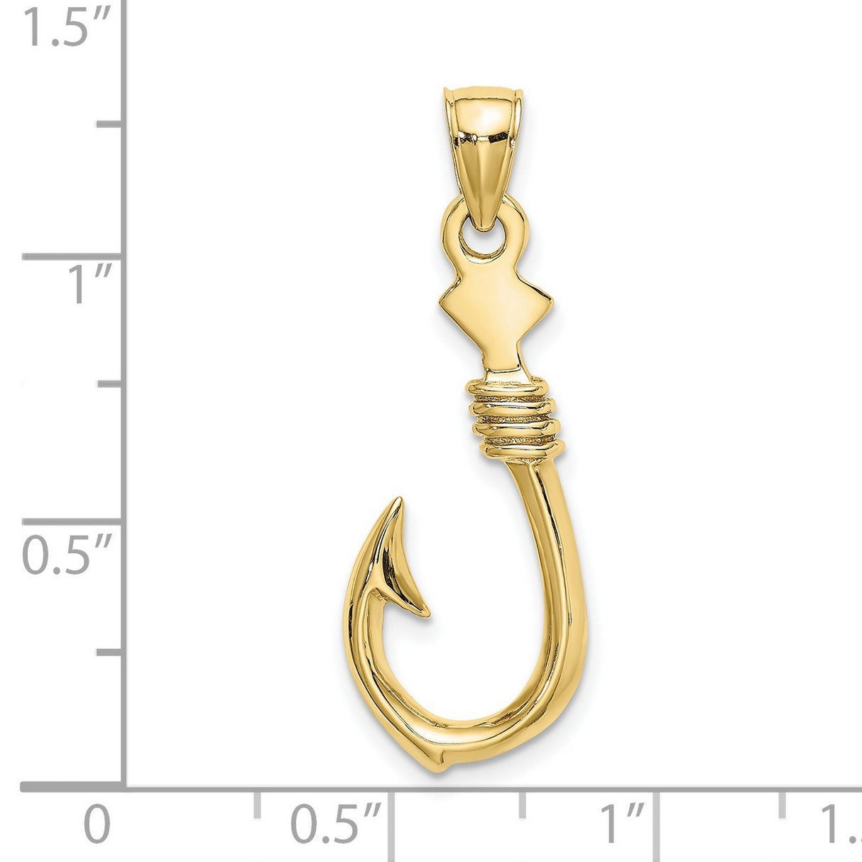 10k Yellow Gold Fish Hook Pendant with Polished Finish and Rope Detail, Nautical Style