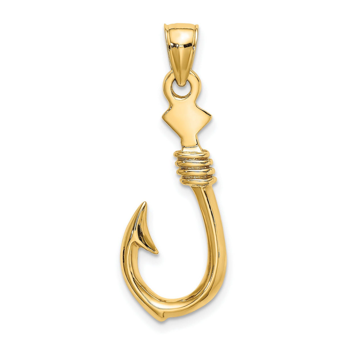10k Yellow Gold Fish Hook Pendant with Polished Finish and Rope Detail, Nautical Style