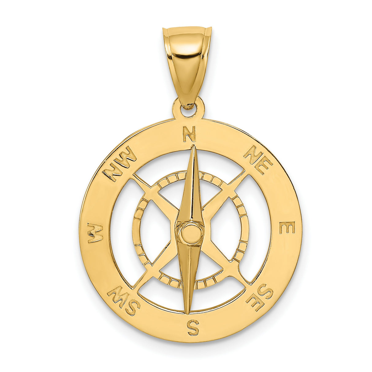 10k Yellow Gold Compass Pendant with Directional Engraving, Nautical Adventure Theme for Men or Unisex