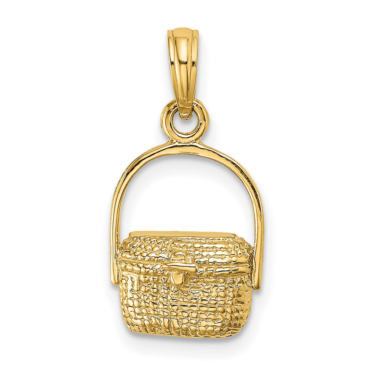 10k Yellow Gold Picnic Basket Pendant with Textured Woven Design and Hinged Lid Charm
