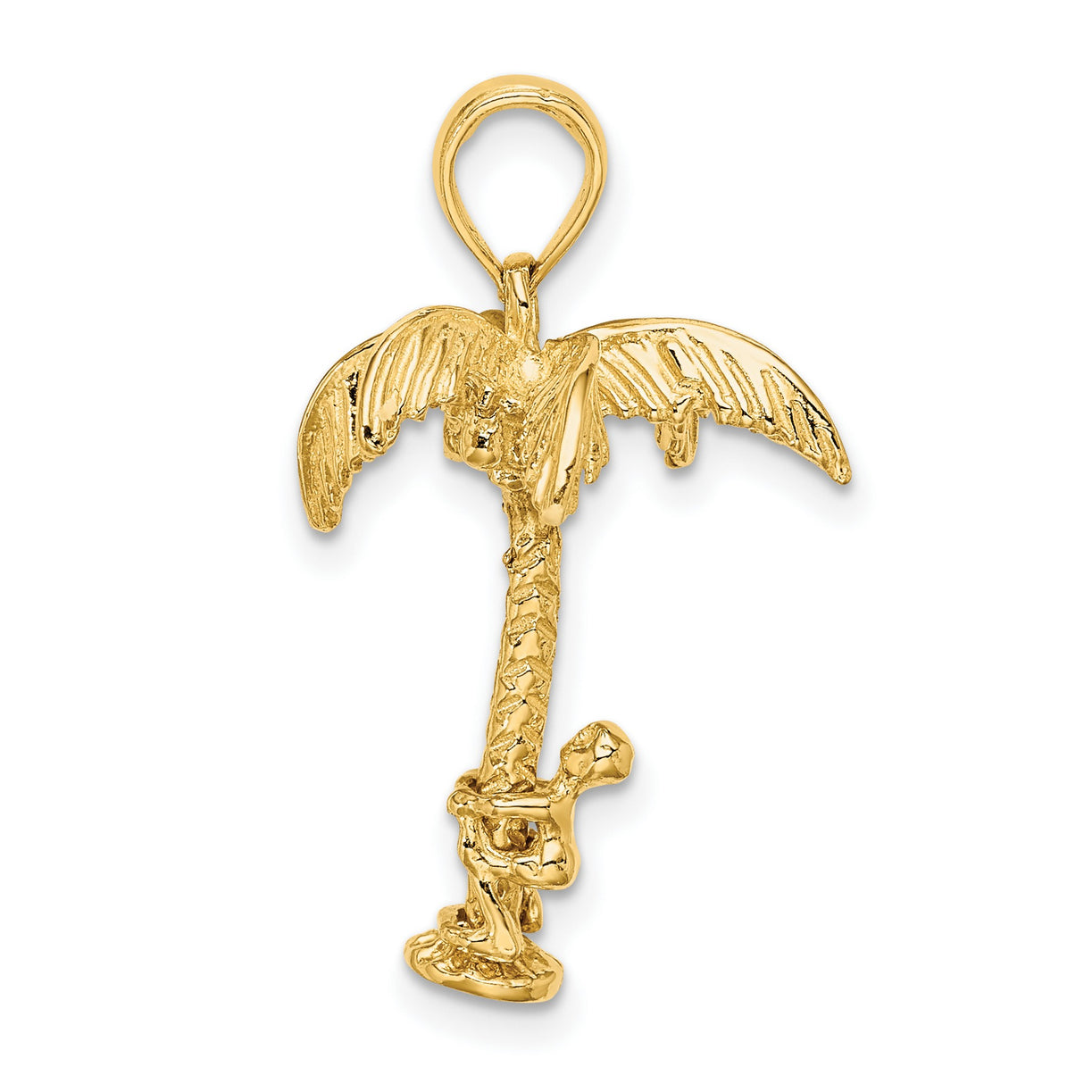 10k Yellow Gold Palm Tree Pendant with Climbing Figure, Tropical Vacation Charm