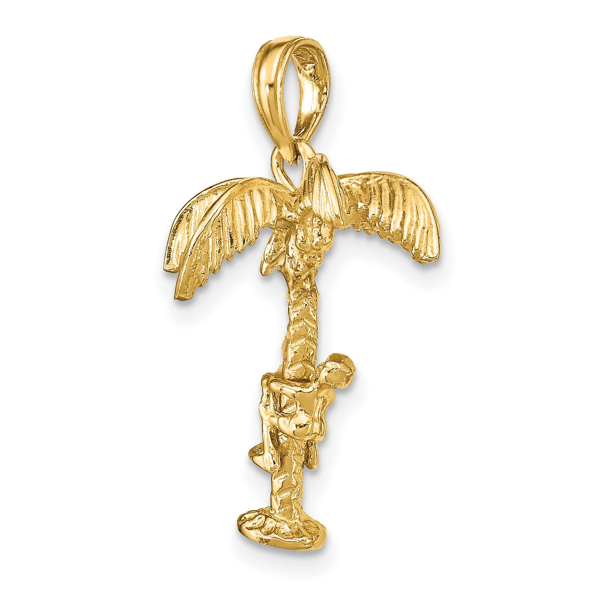 10k Yellow Gold Palm Tree Pendant with Climbing Figure, Tropical Vacation Charm