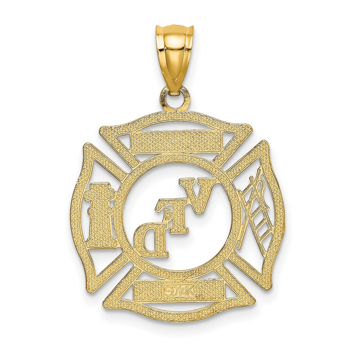 10k Yellow Gold Firefighter Pendant with Maltese Cross, VFD Member Dwight Engraving, Ladder and Hydrant Symbols