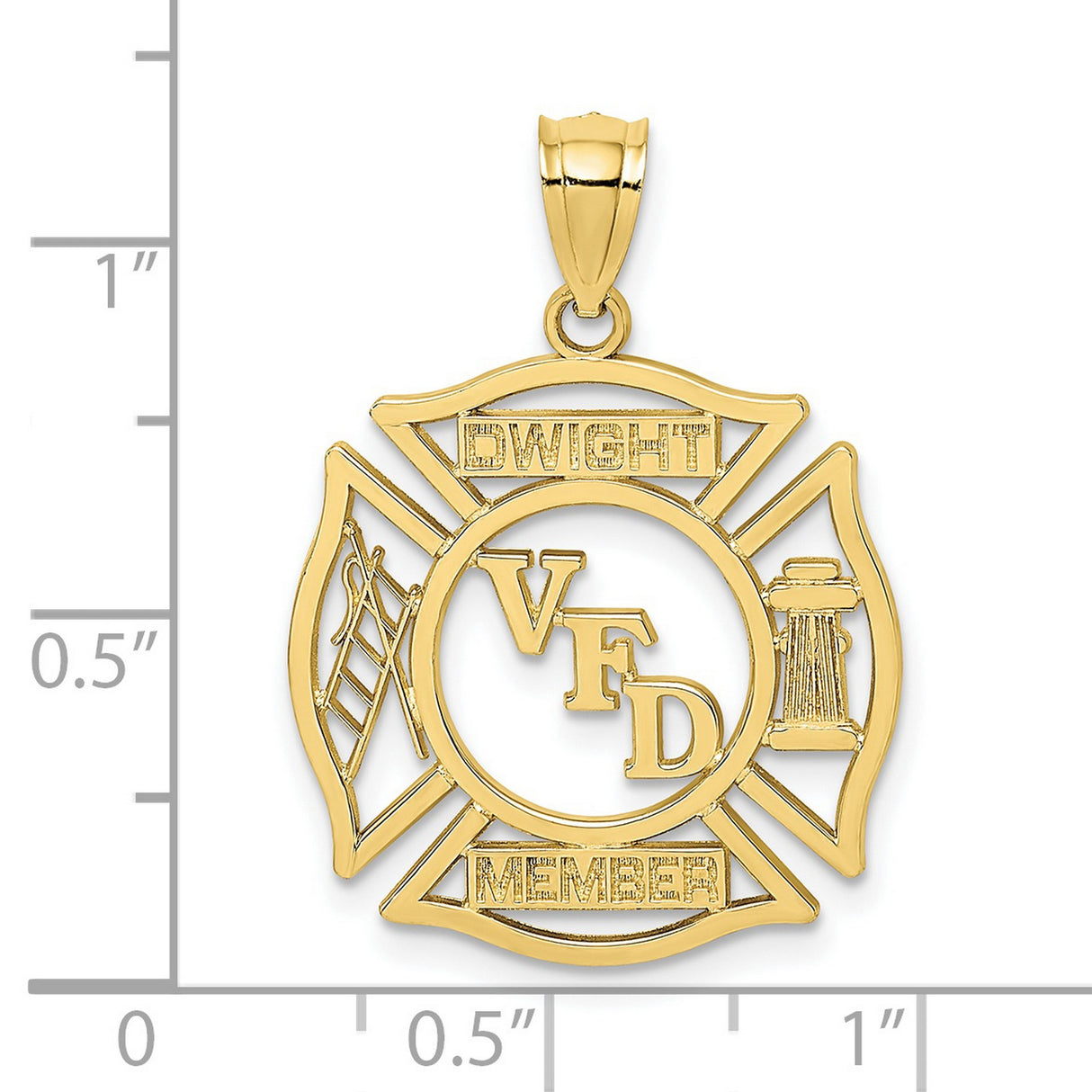 10k Yellow Gold Firefighter Pendant with Maltese Cross, VFD Member Dwight Engraving, Ladder and Hydrant Symbols