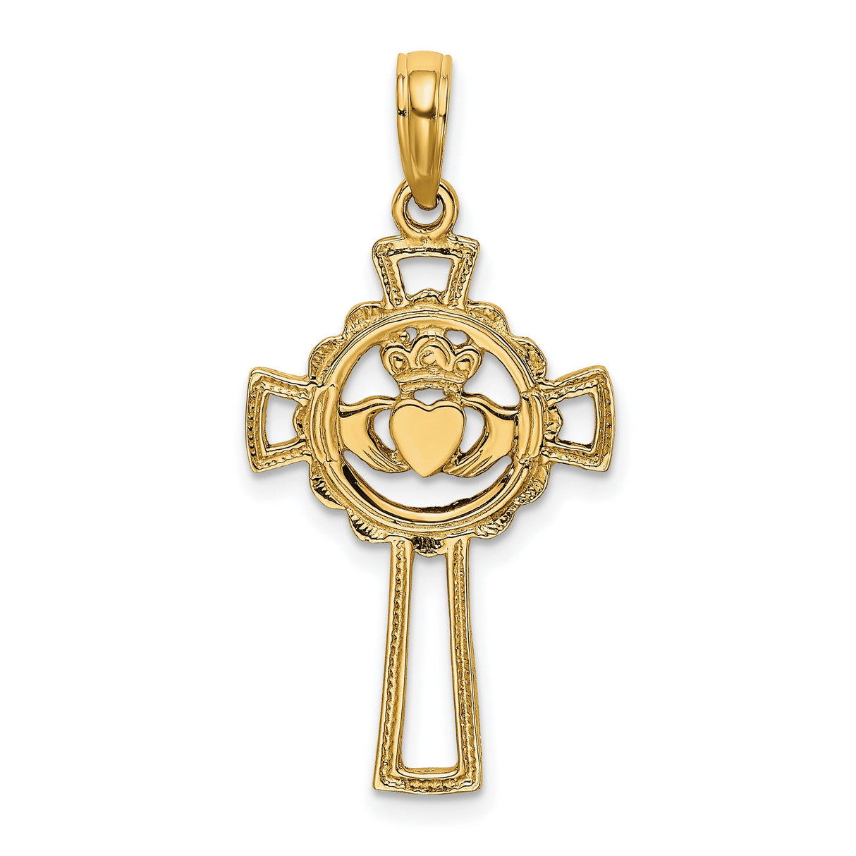 10k Yellow Gold Claddagh Cross Pendant with Crowned Heart Symbol and Openwork Design