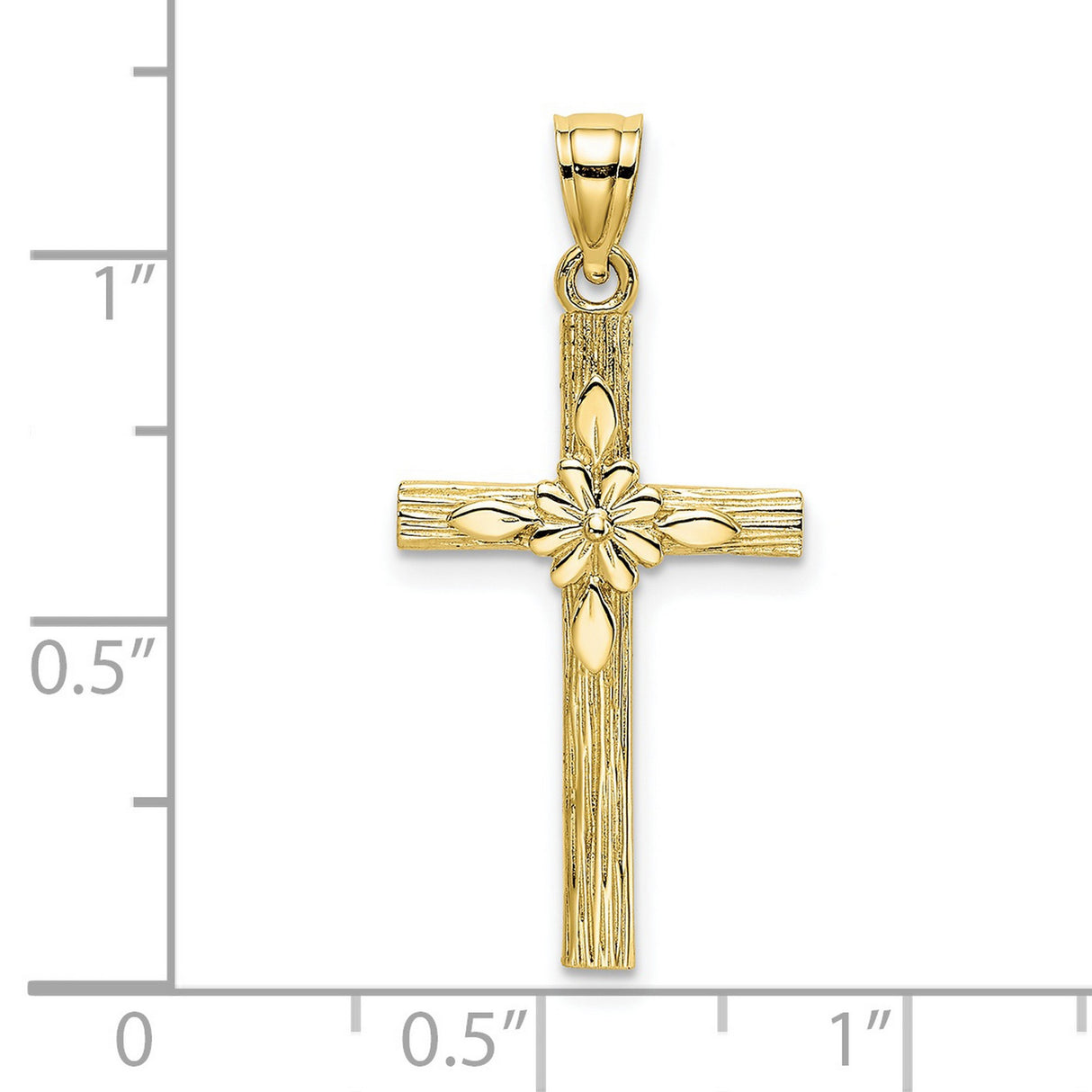 10k Yellow Gold Cross Pendant with Floral Motif and Wood Grain Texture