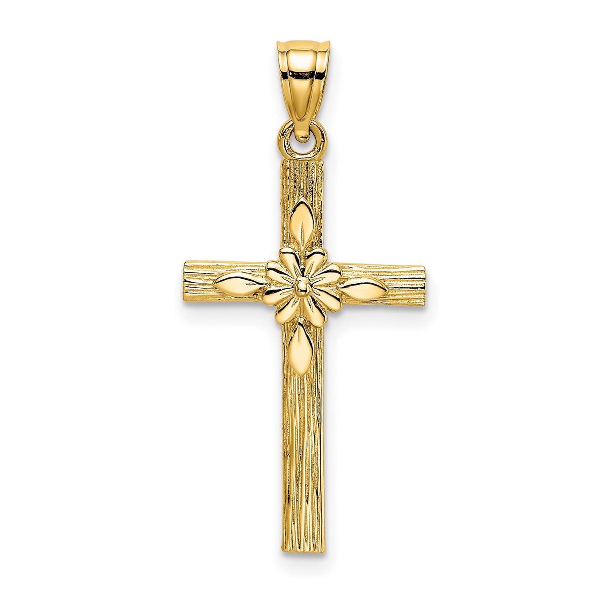 10k Yellow Gold Cross Pendant with Floral Motif and Wood Grain Texture