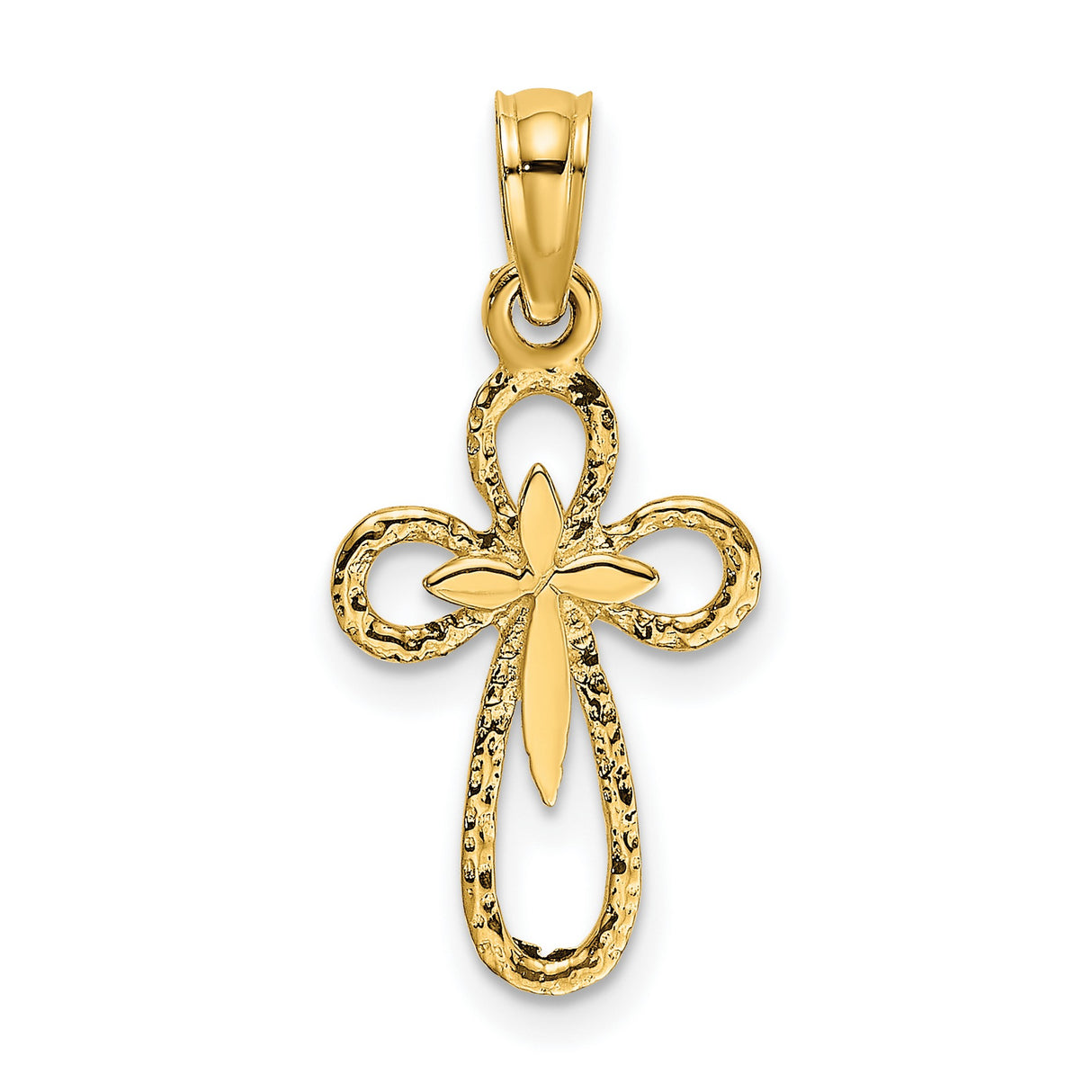 10k Yellow Gold Cross Pendant with Star Centerpiece and Openwork Hammered Design
