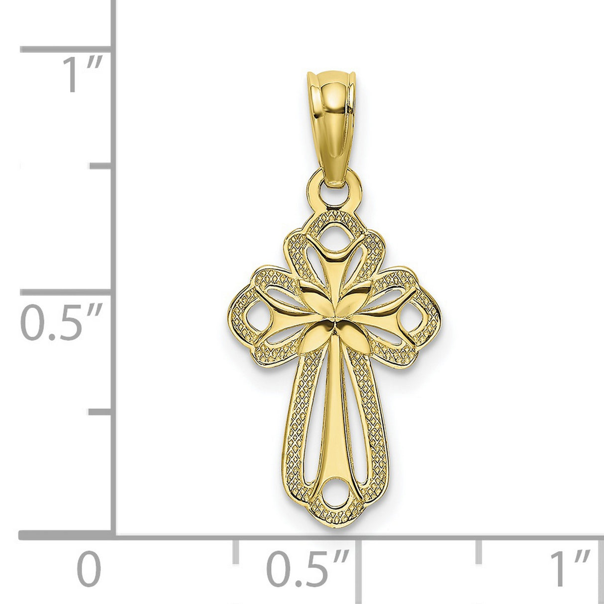 10k Yellow Gold Cross Pendant with Textured Floral Design and High Polish Finish