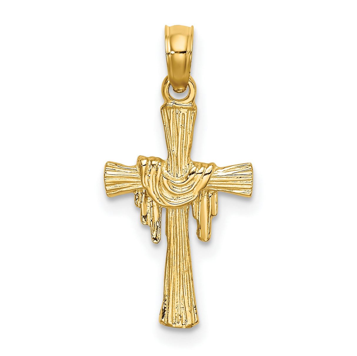 10k Yellow Gold Cross Pendant with Drape Detail and Wood-Style Texture