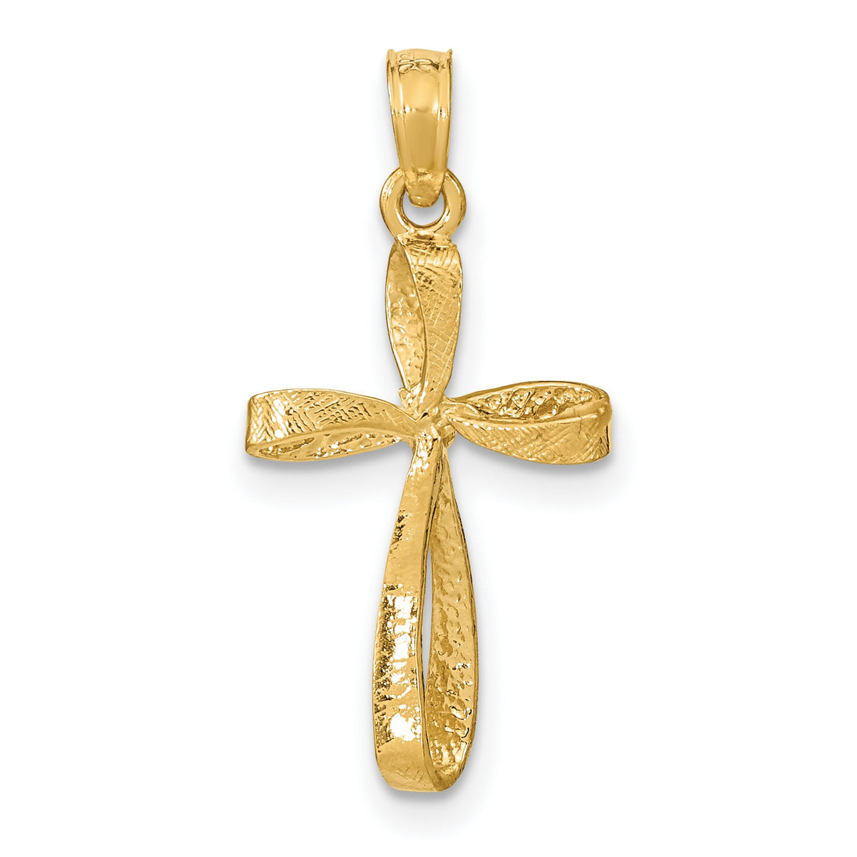 10k Yellow Gold Cross Pendant with Twisted Polished Design and Textured Ribbon Detail