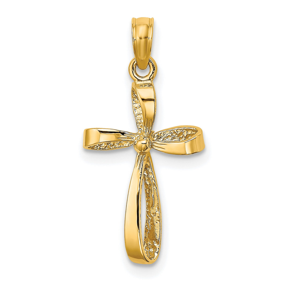10k Yellow Gold Cross Pendant with Twisted Polished Design and Textured Ribbon Detail