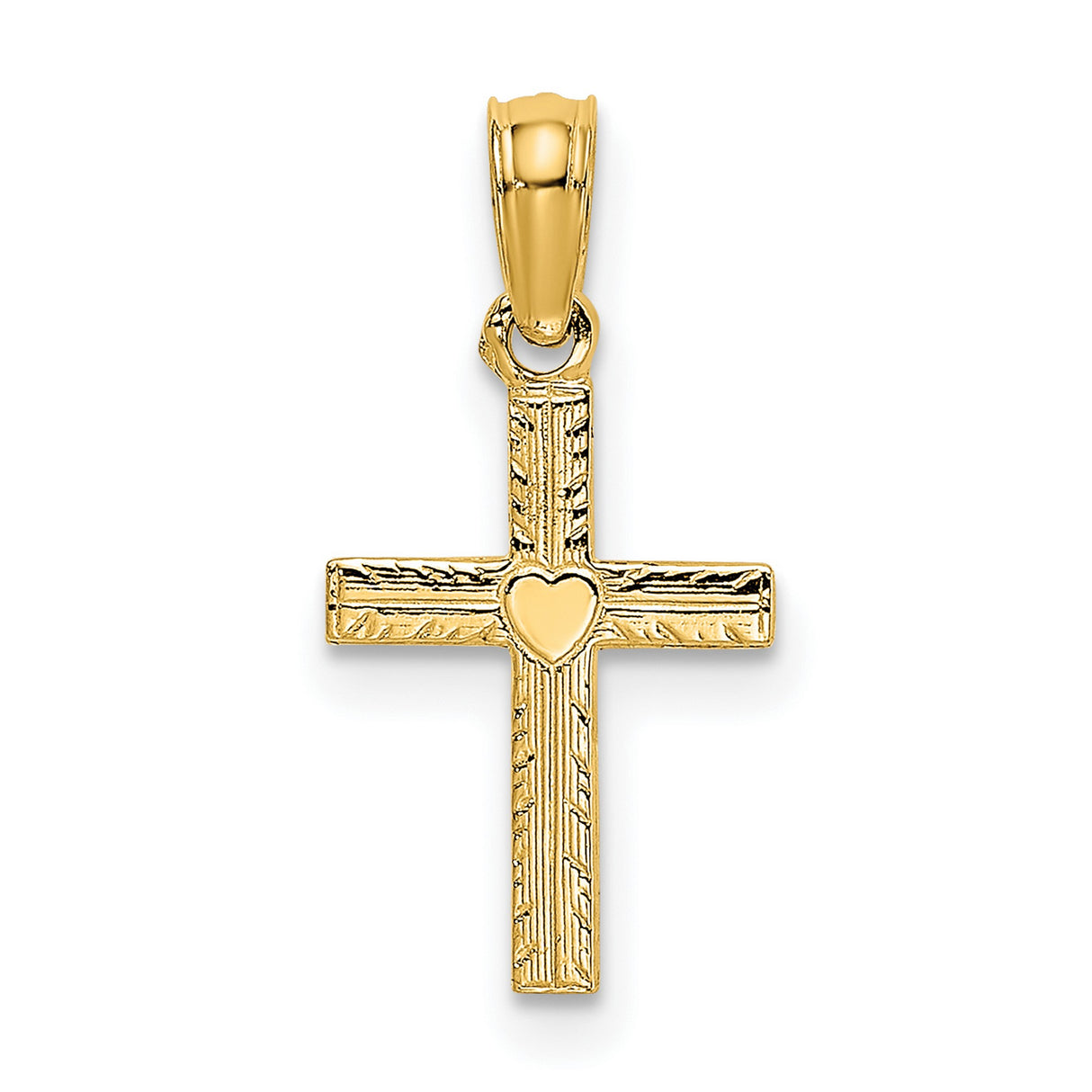 10k Yellow Gold Cross Pendant with Heart Accent and Carved Texture for Men and Women