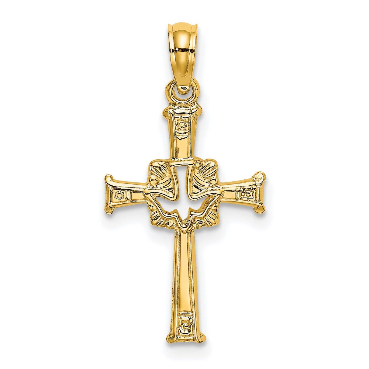 10k Yellow Gold Cross and Dove Pendant, Polished Religious Charm, Unisex Spiritual Jewelry