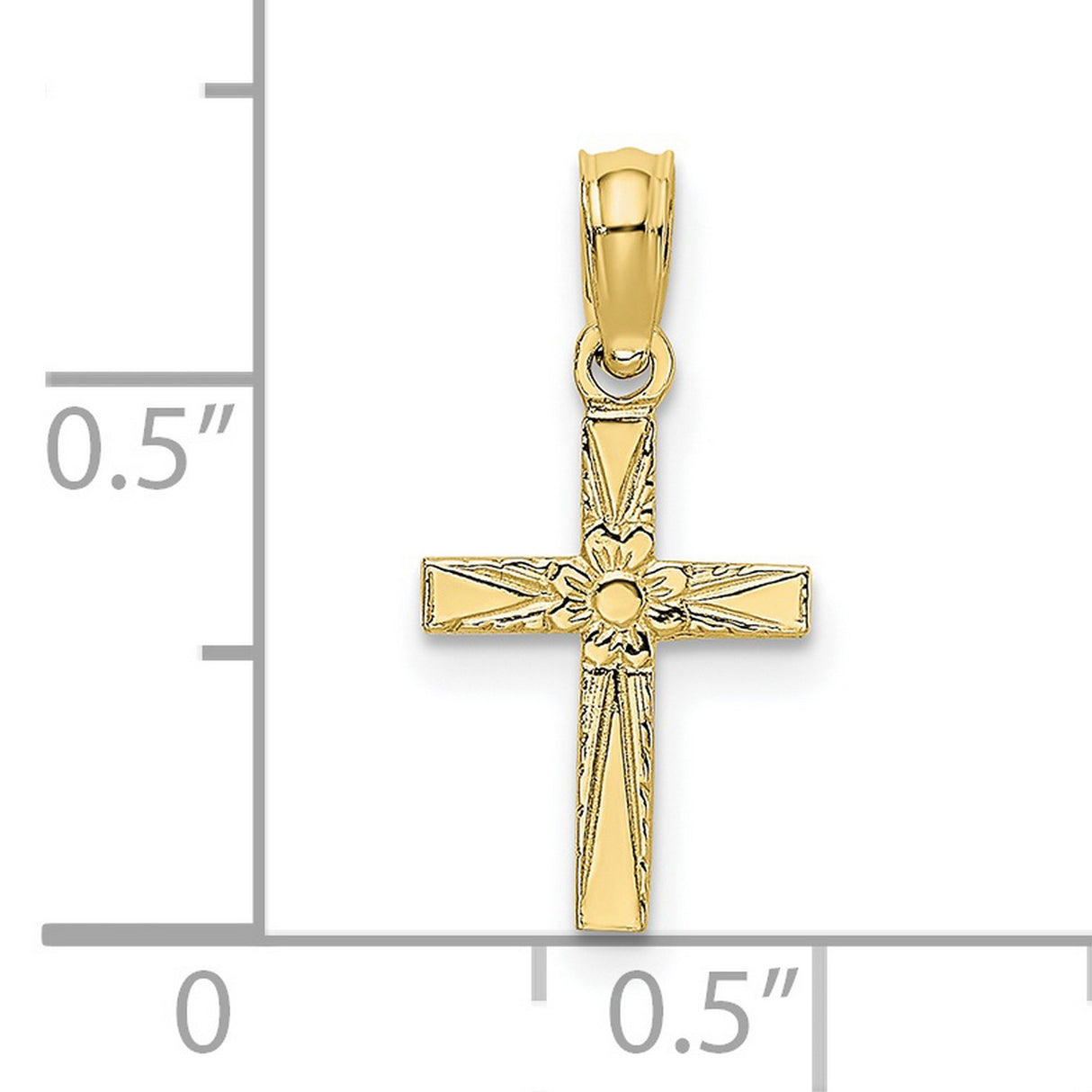 10k Yellow Gold Cross Pendant with Polished Beveled Edges, Sunburst and Floral Design