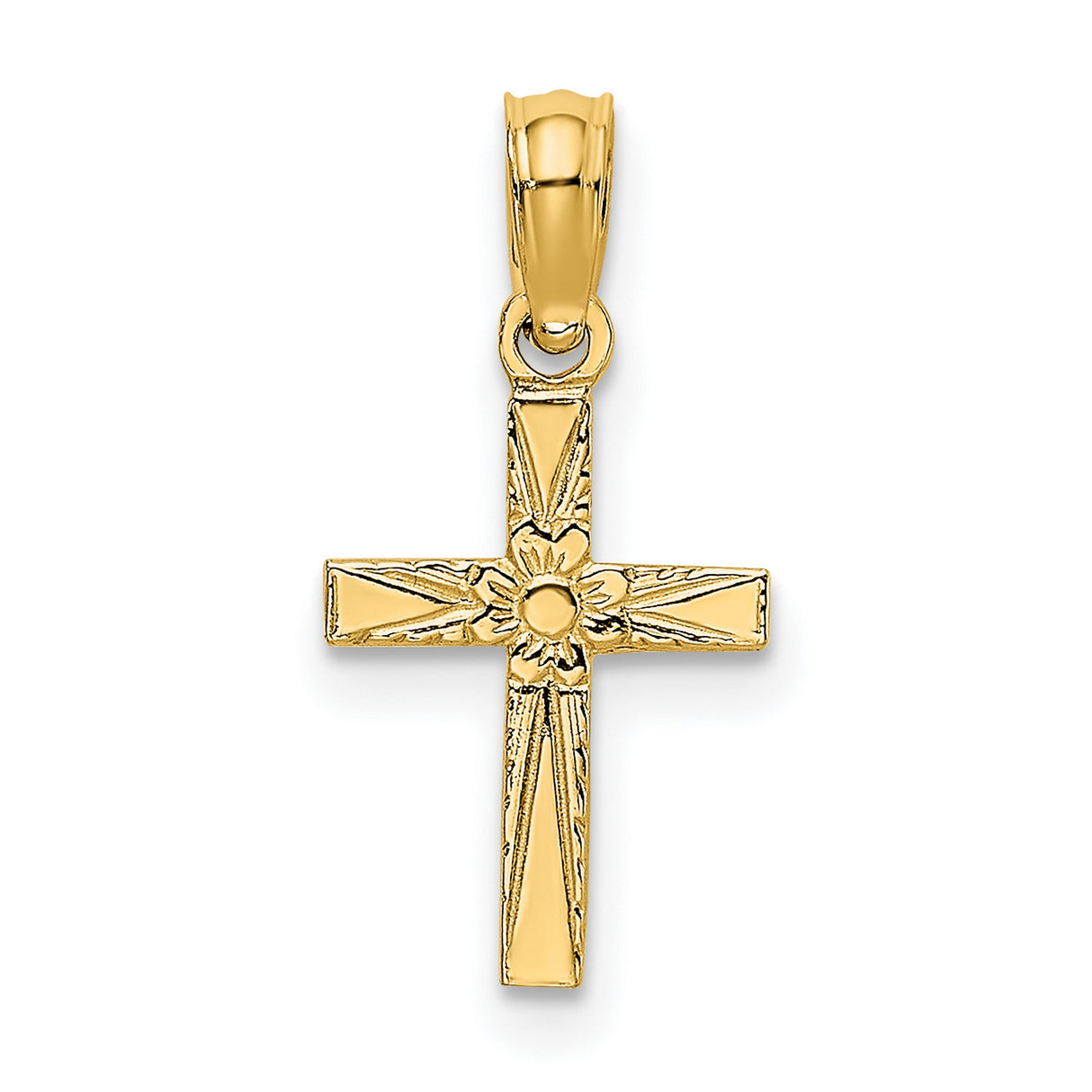 10k Yellow Gold Cross Pendant with Polished Beveled Edges, Sunburst and Floral Design