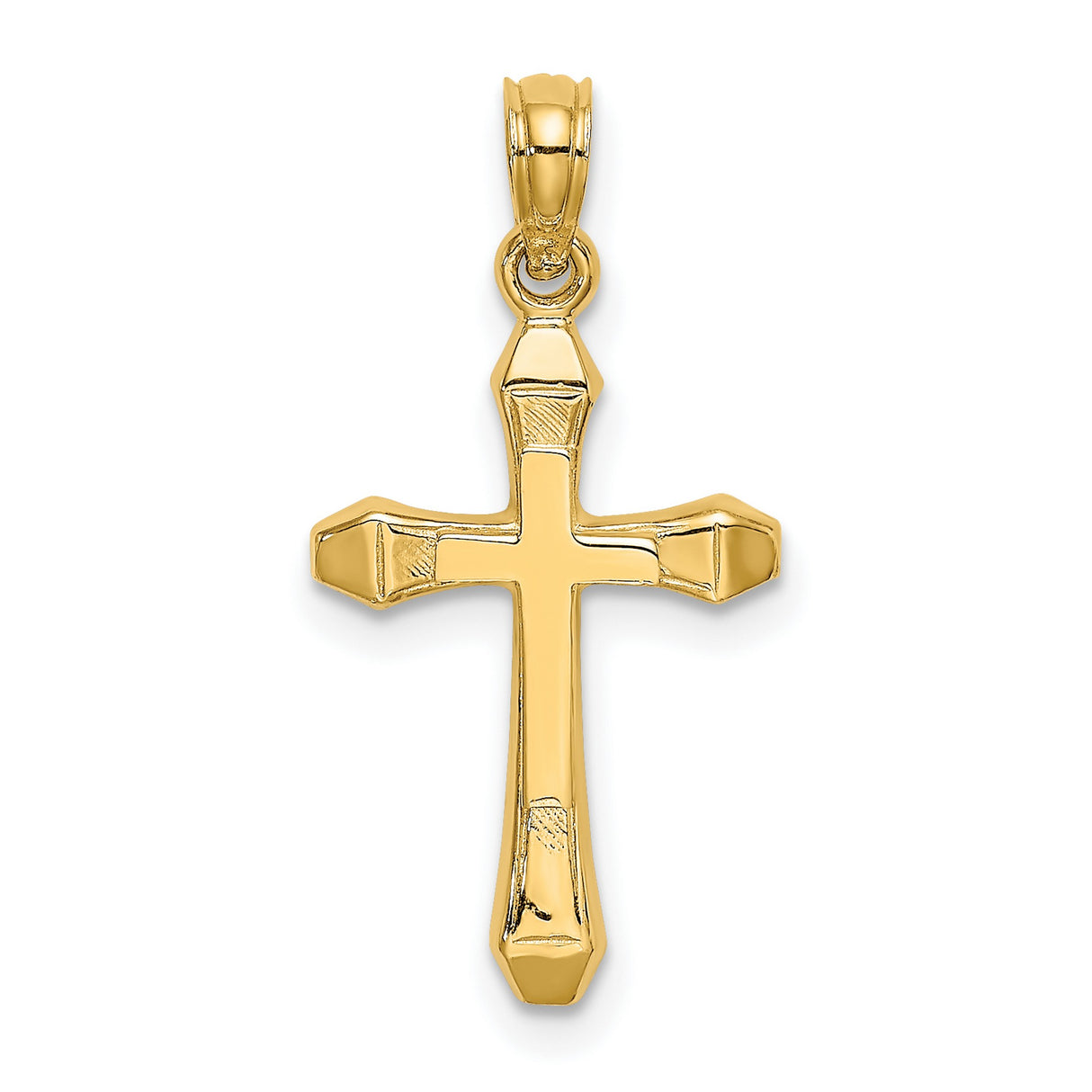 10k Yellow Gold Cross Pendant, Polished Beveled Edge with Tapered Arms, Modern Religious Design