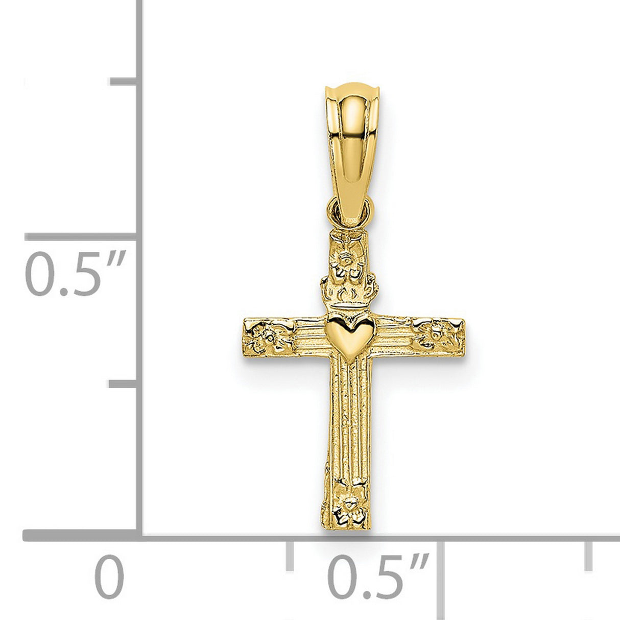10k Yellow Gold Cross Pendant with Heart Center, Textured Religious Charm Vintage Style