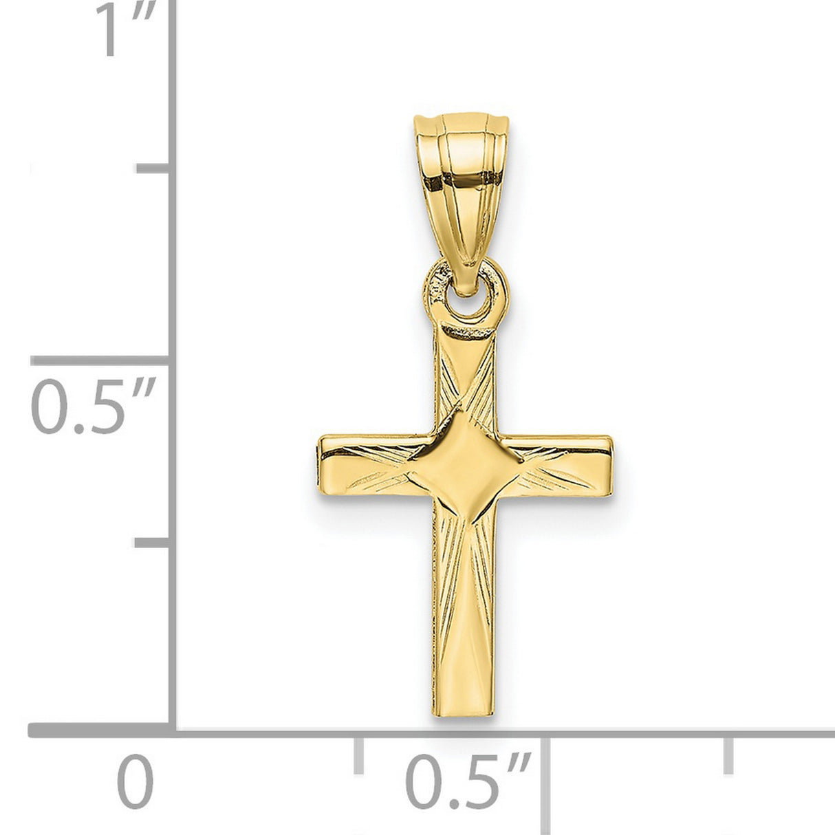 10k Yellow Gold Mini Cross Pendant with Sunburst Design and Beveled Edges