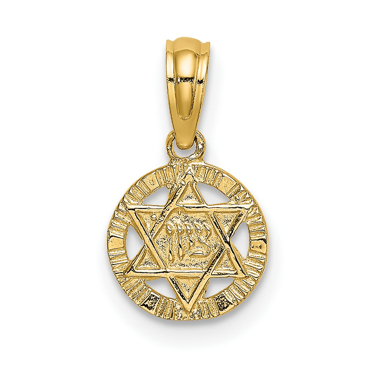 10k Yellow Gold Star of David Pendant with Hebrew Script and Textured Border