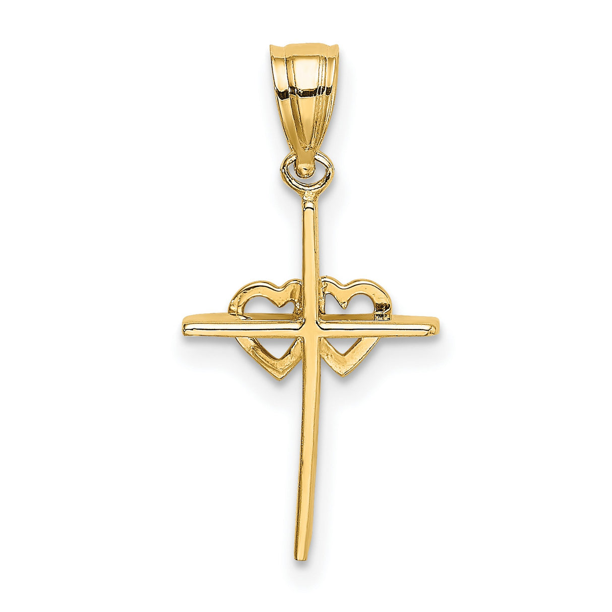 10k Yellow Gold Cross Pendant with Double Hearts and Curved Ribbon Design