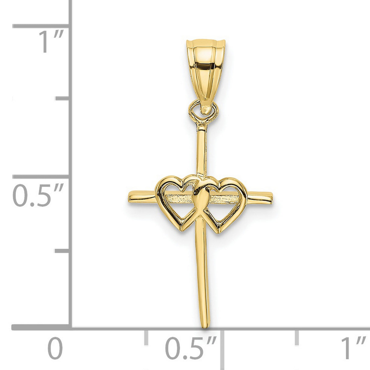 10k Yellow Gold Cross Pendant with Double Hearts and Curved Ribbon Design