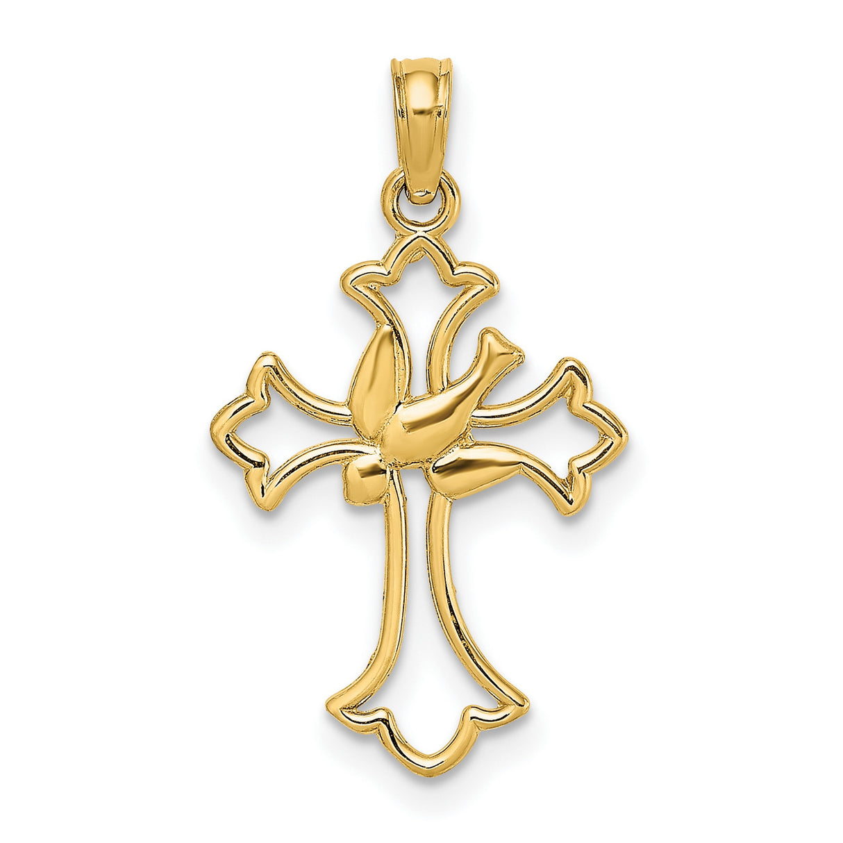 10k Yellow Gold Cross Pendant with Cut-Out Dove, Polished Religious Design for Men and Women