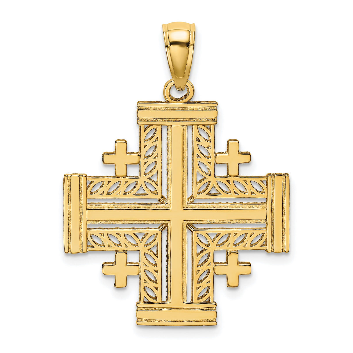 10k Yellow Gold Cross Pendant with Cutout Jerusalem Design and Filigree Teardrop Bail