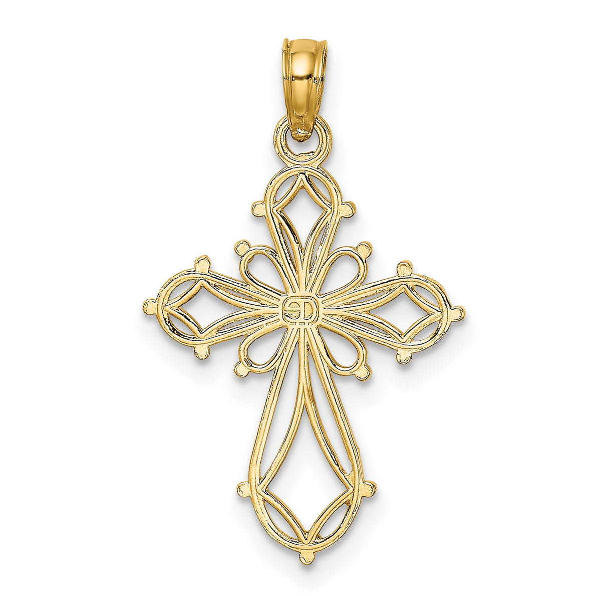 10k Yellow Gold Cross Pendant with Open Filigree Floral Design, Lightweight Religious Charm