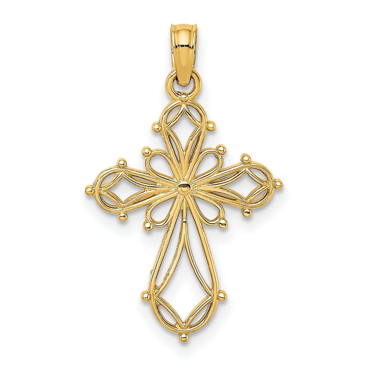 10k Yellow Gold Cross Pendant with Open Filigree Floral Design, Lightweight Religious Charm