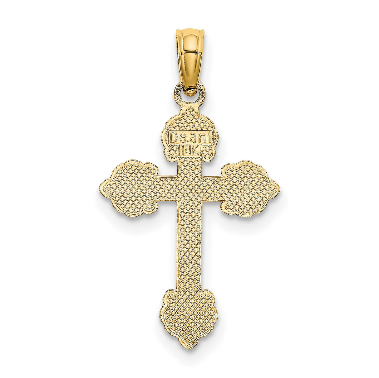 10k Yellow Gold Cross Pendant with Scrollwork, Textured and Polished Design