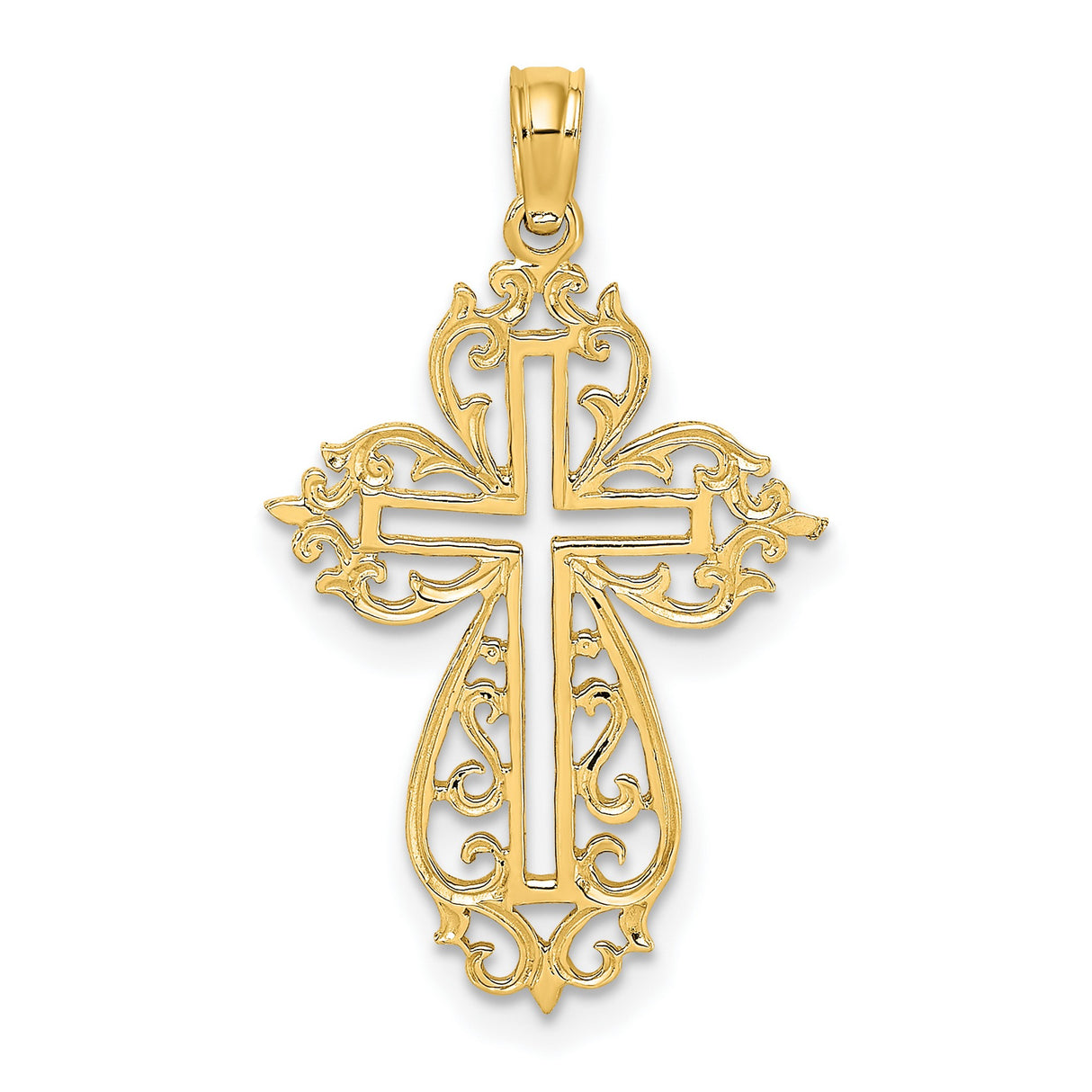 10k Yellow Gold Cross Pendant with Scroll Filigree Design, Baroque Style for Men and Women